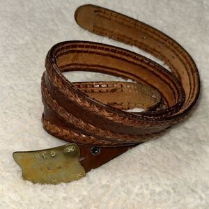 Vintage 44 Brown Gold Tone Buckle Tooled Braided Leather Belt x RED Embossed